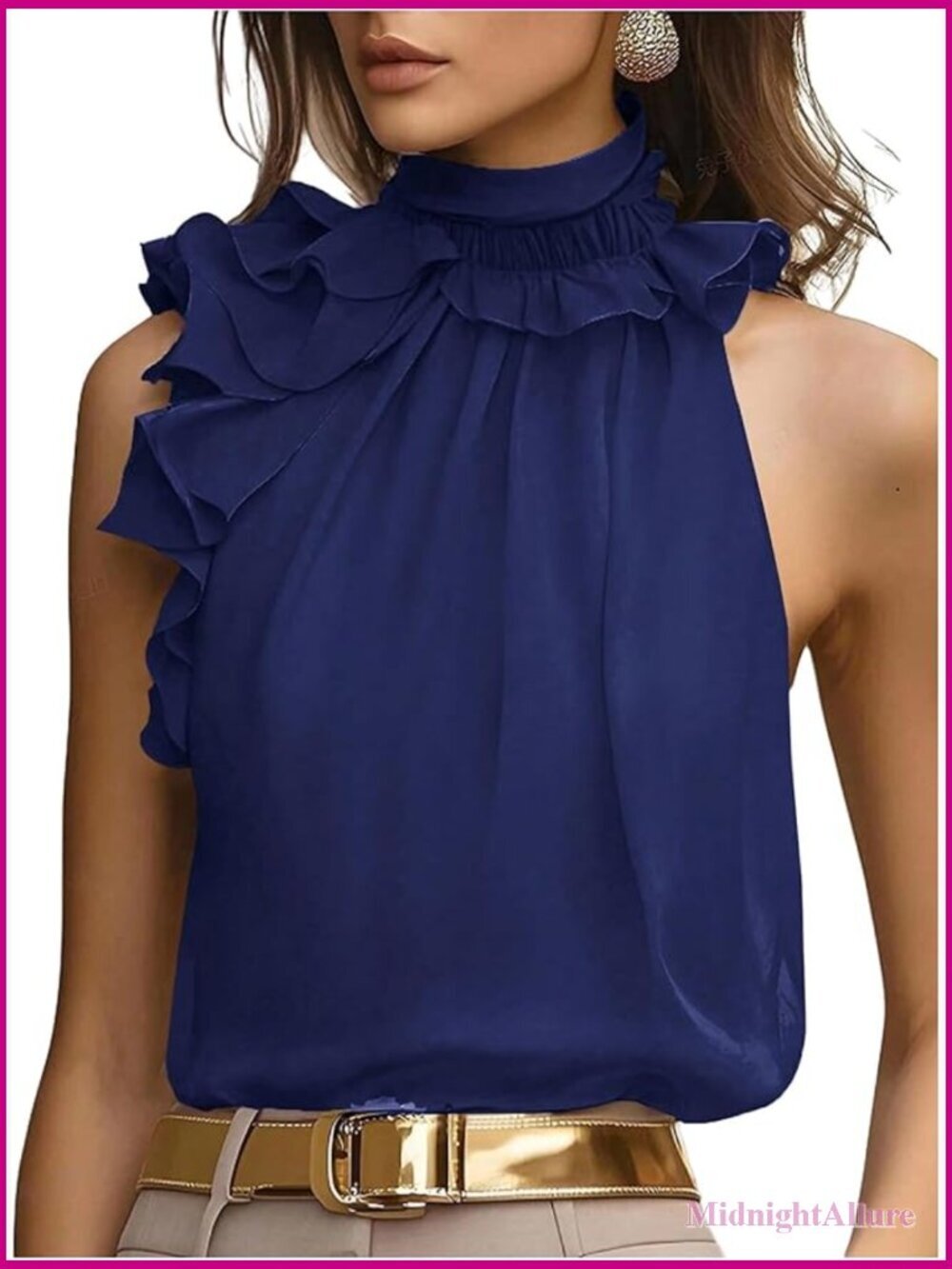 Elegant Ruffle Trim Sleeveless Mock Neck Halter Tank Top